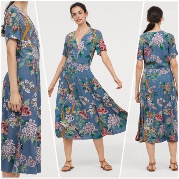 GP & J BAKER × H&M Collab Floral Cottagecore Midi Wrap Dress Size 0 Blue Multi - Picture 3 of 8